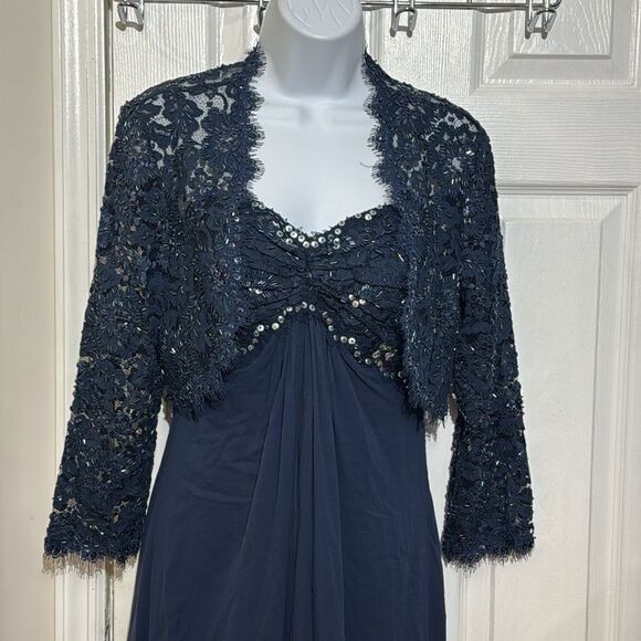 Tadashi Collection Silk Beaded Ruched Long Evening Gown Navy Blue dress Size 6 - Picture 3 of 16